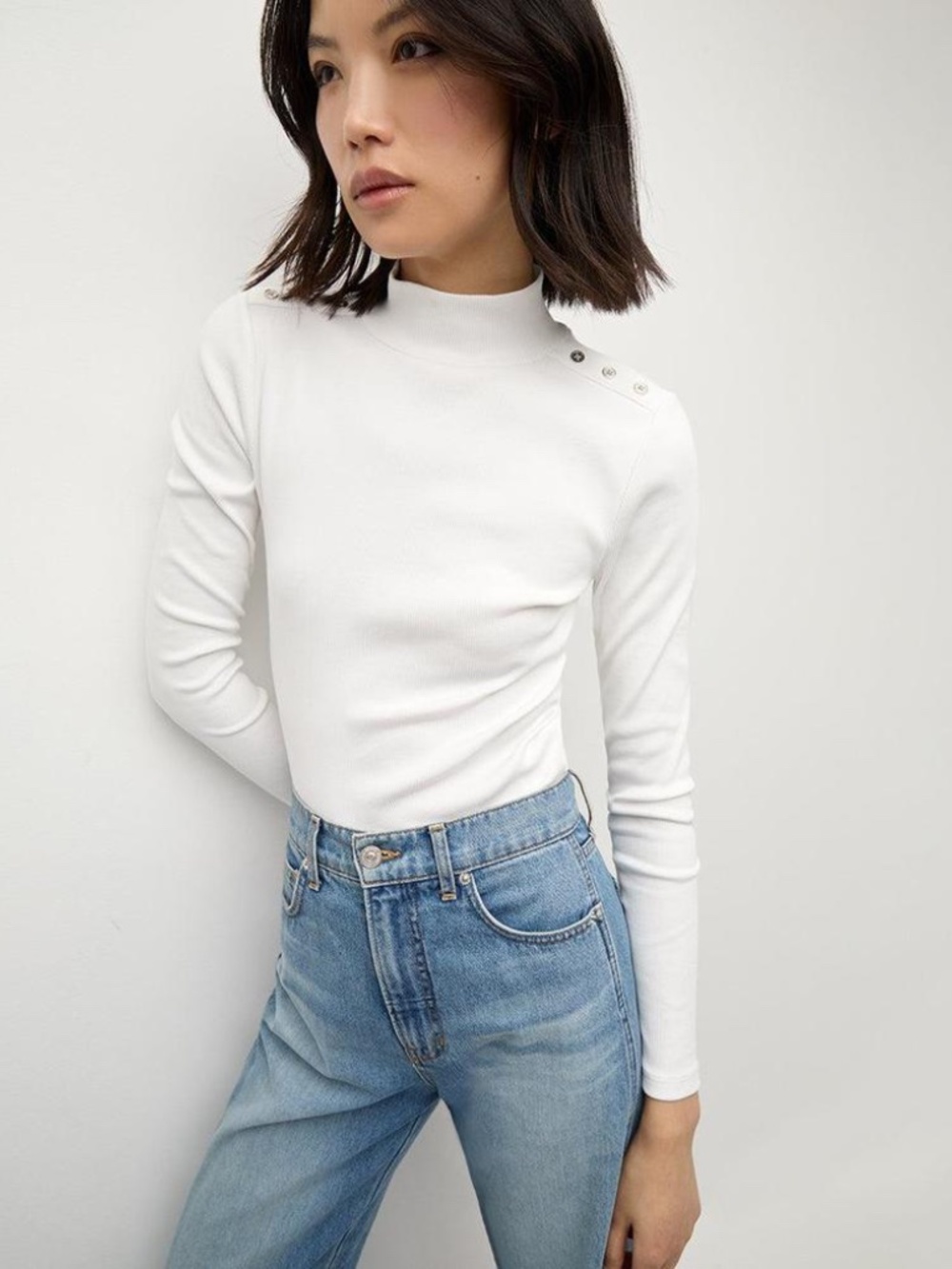Veronica Beard Nate White Cotton Mock Neck LS Top with Shoulder Buttons $228